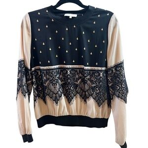 Mika Mindel Taelyn Black & Beige Lace Long Sleeve Blouse size M